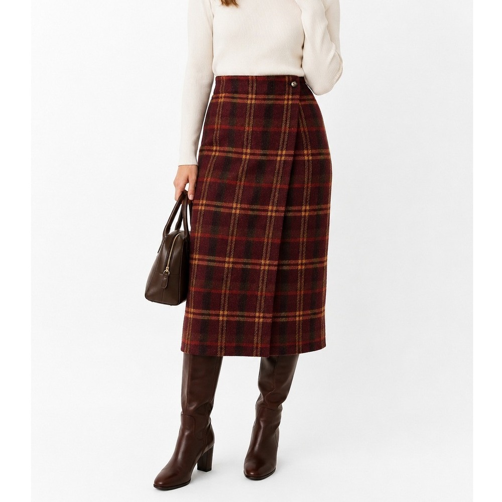 Vtg Wool Blend Plaid Wrap Midi Skirt 12 Burgundy Academia Preppy Heritage Tartan